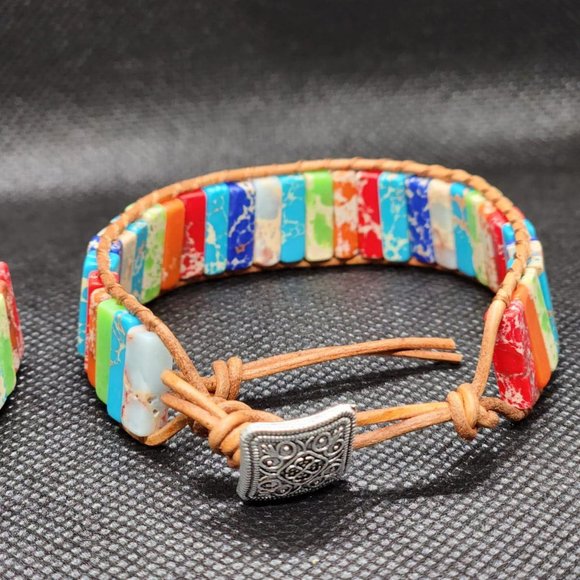 Set Of 2  7 Chakra Bracelets with Real Stones Leather Wrap Healing Bead Bracelet - Picture 3 of 4